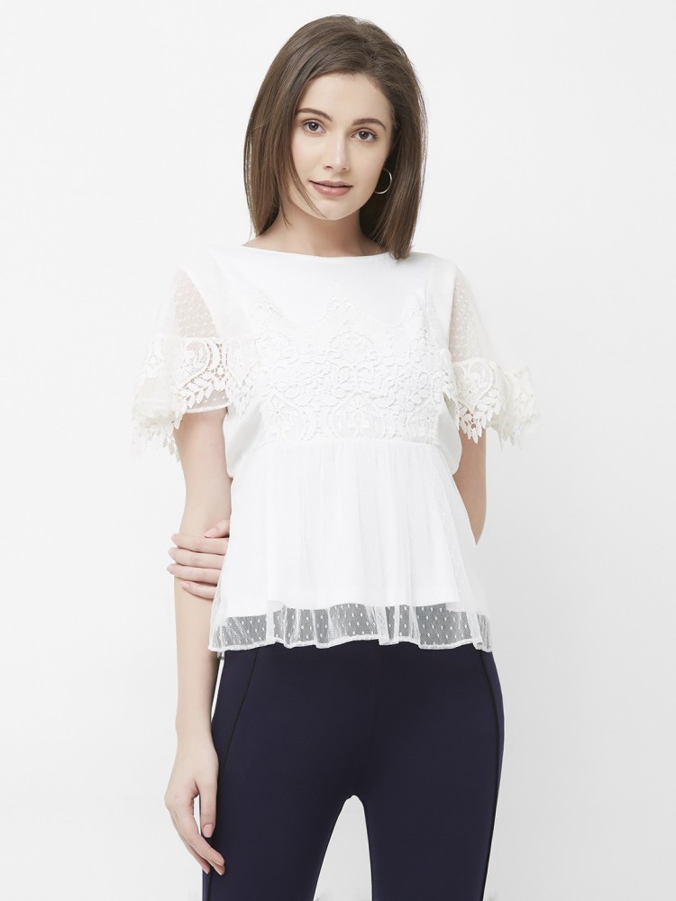 Casual Regular Sleeves Lace Women White Top