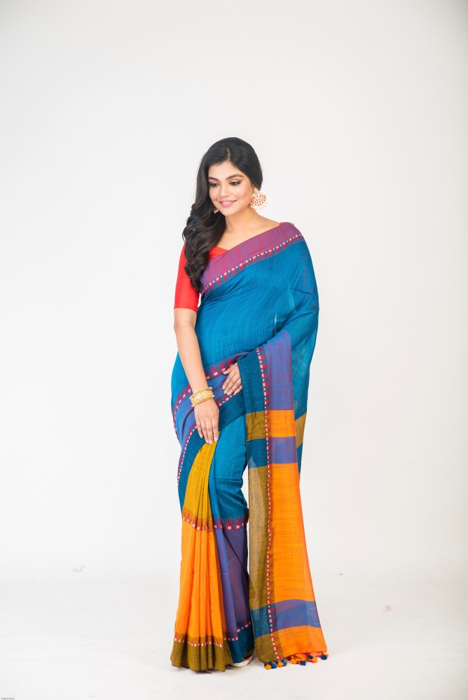 Buy 8poure Floral Print Jamdani Pure Cotton Red, Yellow Sarees Online @  Best Price In India | Flipkart.com