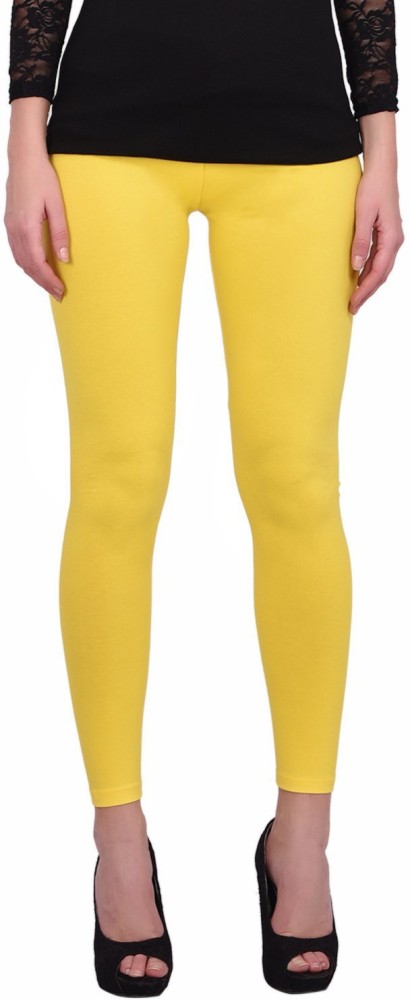 Buy online Lemon Yellow Cotton Lycra Ankle Length Leggings from