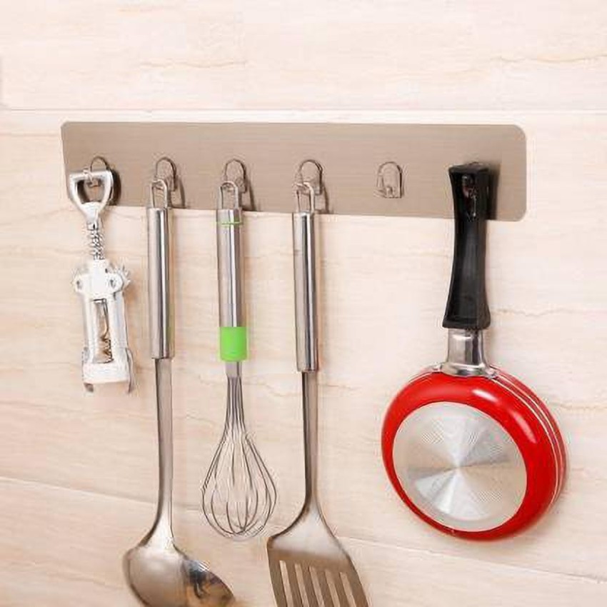 Yizhi Adhesive Wall Hooks Rack Kitchen Rail, Space Saving Utensil Holder No Drilling Wall Mounted Accessory Hanger with 6 Hooks for Kitchen Bathroom