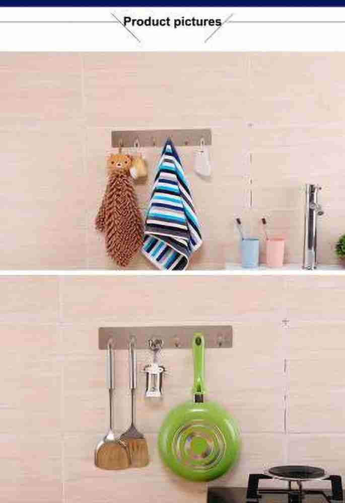 Yizhi Adhesive Wall Hooks Rack Kitchen Rail, Space Saving Utensil Holder No Drilling Wall Mounted Accessory Hanger with 6 Hooks for Kitchen Bathroom