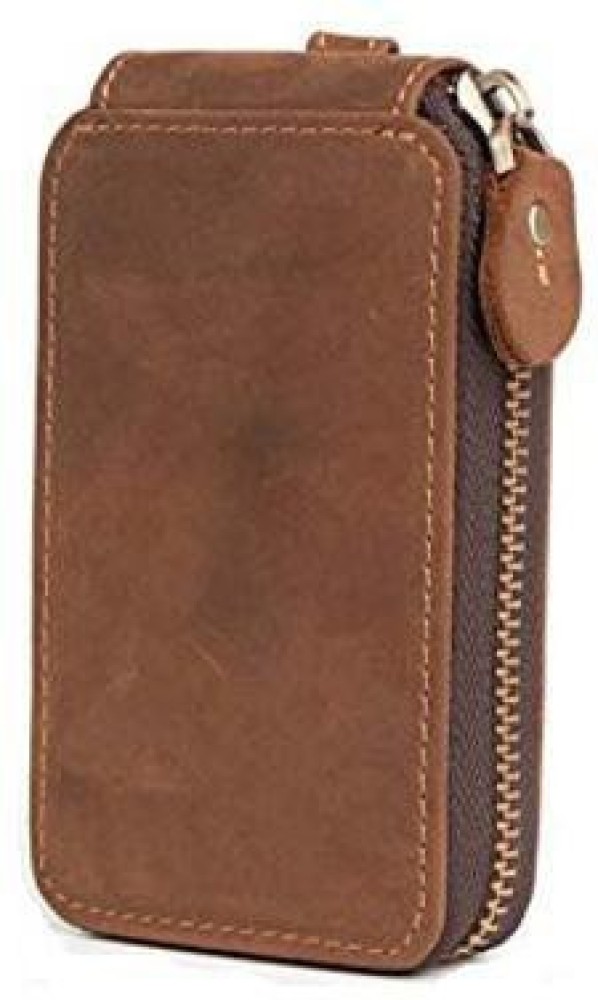 Brown Leather Keychain Pouch, For Gift, Button