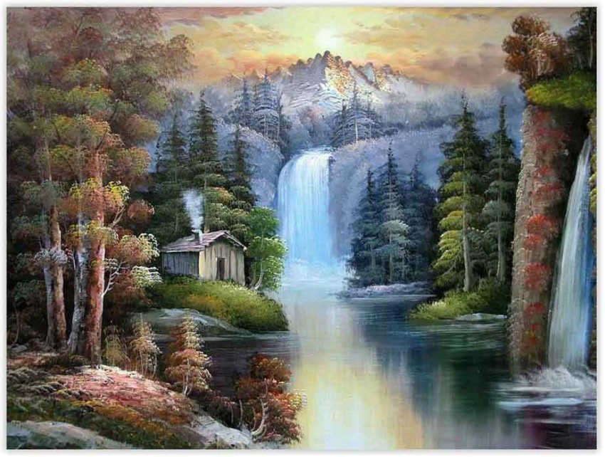 Art Amori Nature Landscape House Waterfall Mountain Sparkle Coated