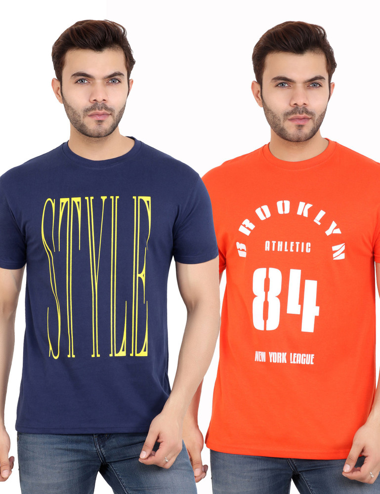 Young Trendy Printed Men Round Neck Blue Orange T Shirt Buy