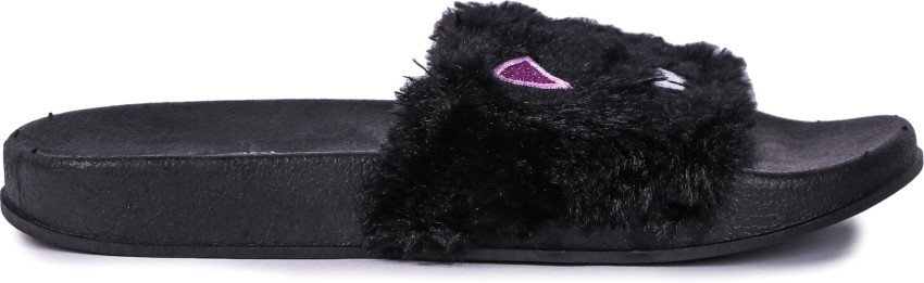 Girls black fluffy discount sliders