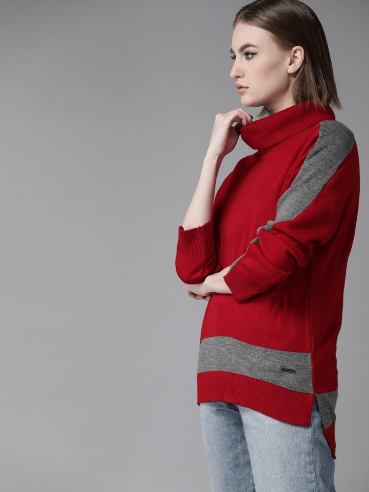 Roadster Solid Turtle Neck Casual Women Red Sweater