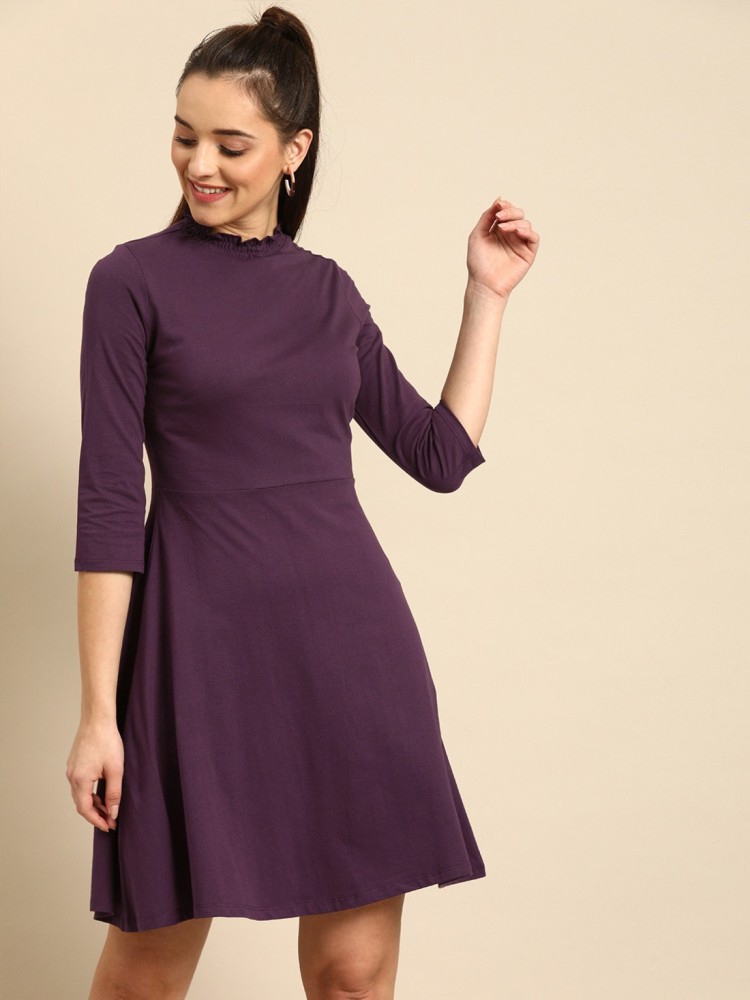 Purple fit and on sale flare dress with sleeves