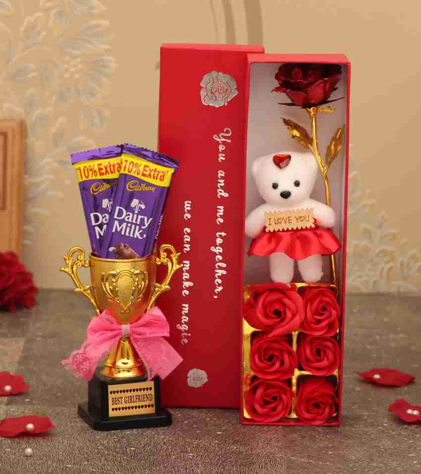 TIED RIBBONS Valentine Gift for Girlfriend - Love Gift Pack (Gold Plated  Rose with Red Scented Rose Flowers , Teddy , Small Trophy and Dairy Milk  Chocolates) Assorted Gift Box Price in