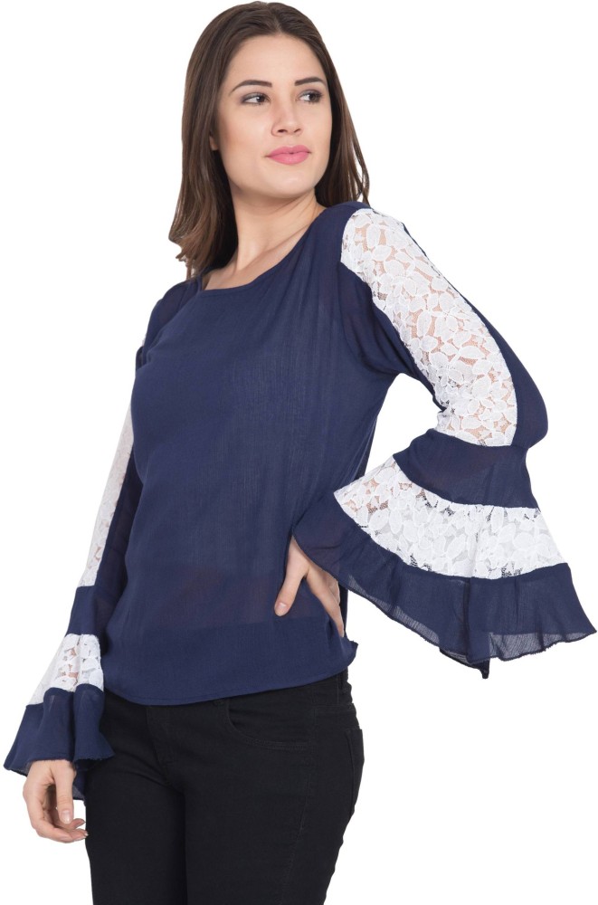 Blue Rayon Crop Top with Umbrella Sleeves