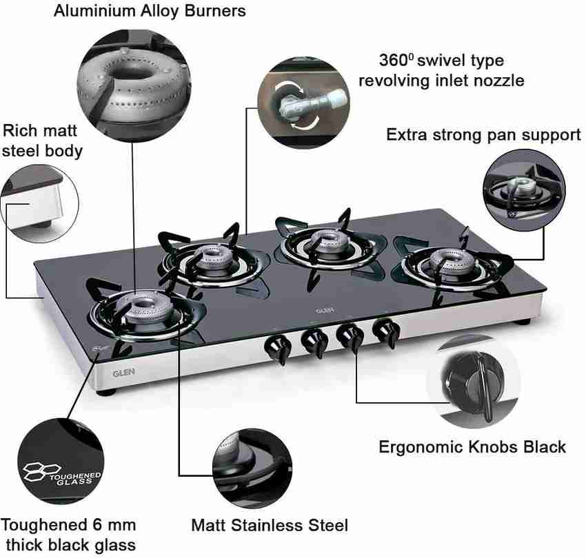 Glen 1044 GT XL with SS Drip Tray AL Glass Manual Gas Stove Price in India  - Buy Glen 1044 GT XL with SS Drip Tray AL Glass Manual Gas Stove online