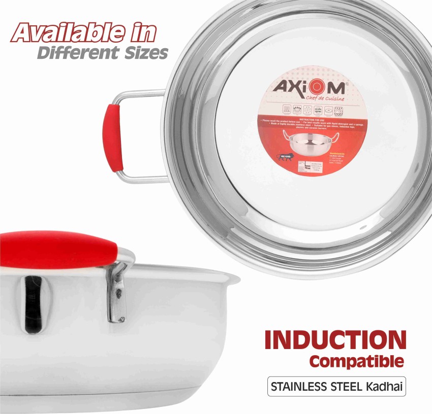 AXIOM Kadai Set of 2 Stainless Steel (2 Litre and 3.5 litres) Heavy Bottom  triply Base with Silicon Stay Cool Handles. Kadhai for Induction & Gas