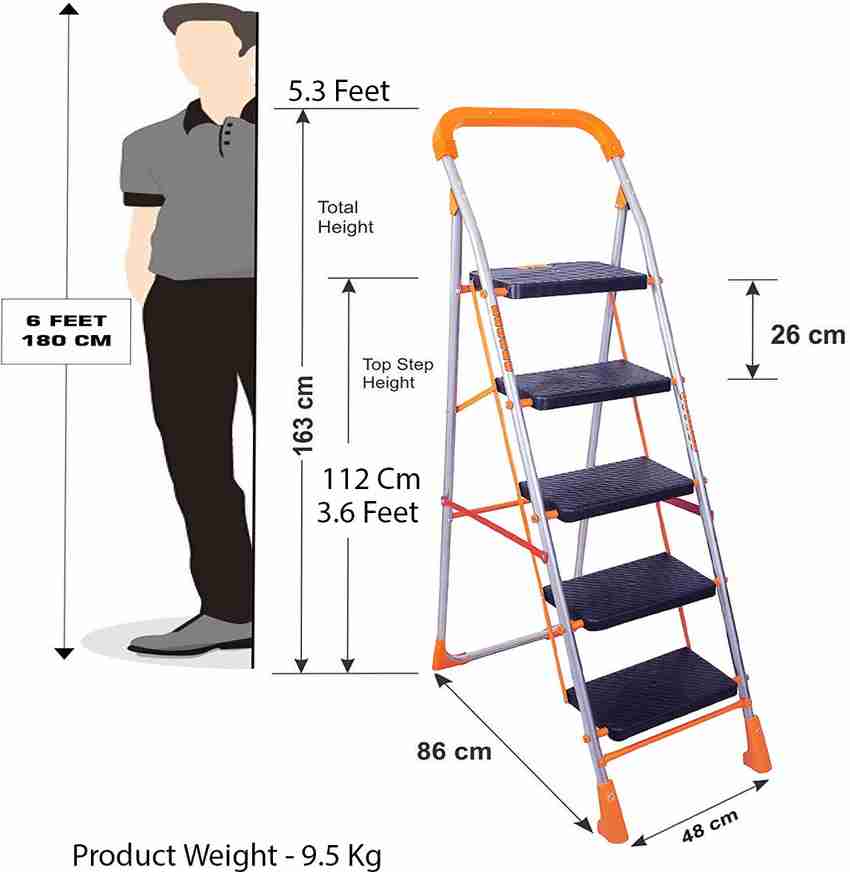 FLIPZON Deluxe Heavy Foldable 5 Steps Ladder with Wide Steps