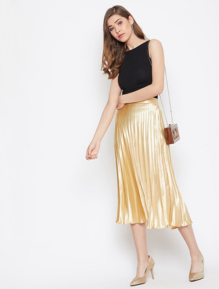 Uptownie Lite Solid Women Pleated Gold Skirt