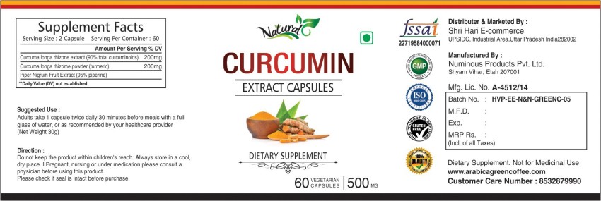 Curcumine 500mg Capsules, Packaging Size: 1, Packaging Type: Bottle at Rs  200/bottle in Vasai