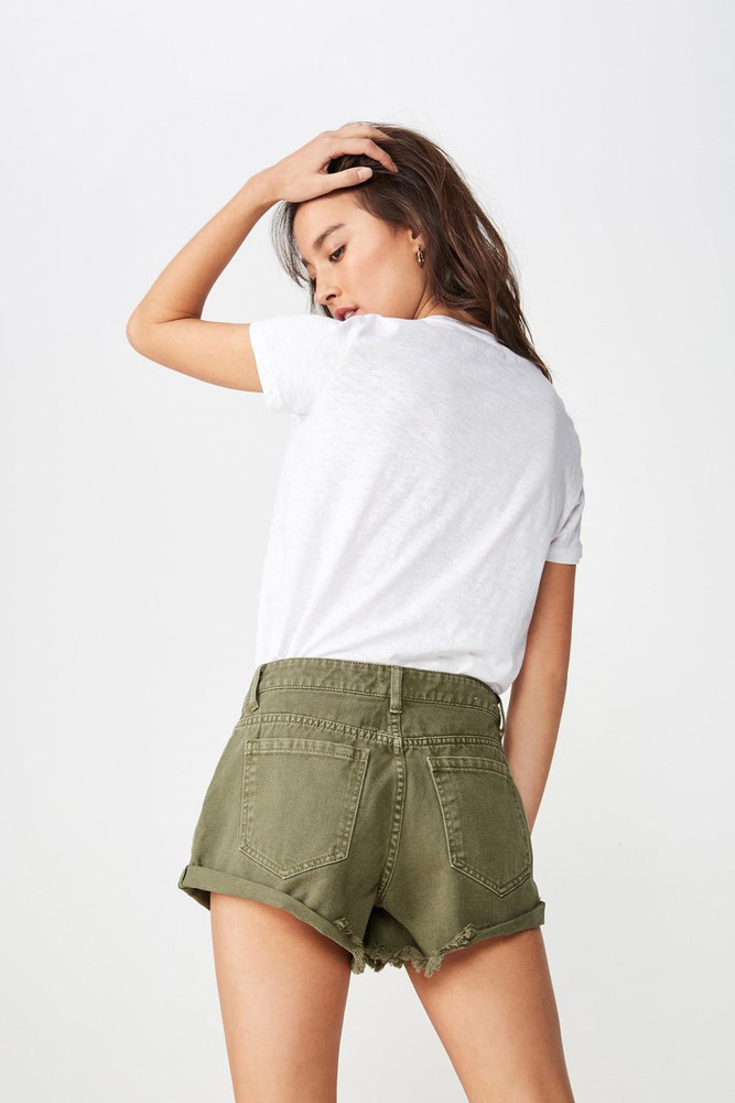 Khaki green denim shorts top