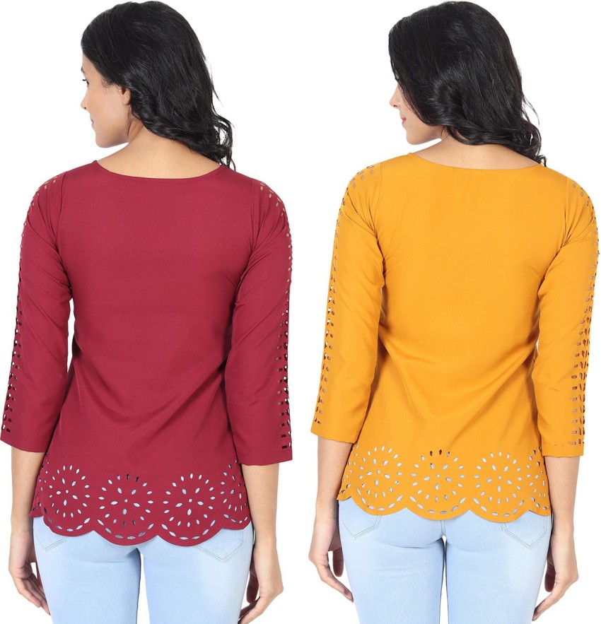 Buy KANHA FASHIONS Women's Fancy Regular Fit Printed Self Design Stylish  Polycotton Western & Casual Wear Lightweight Round Neck Long Sleeve T-Shirt  (Orange) Size :XL Online at Best Prices in India 