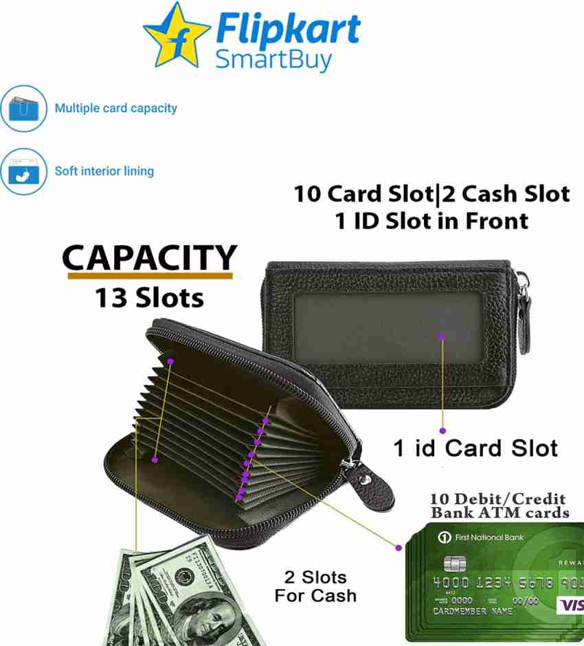 Flipkart SmartBuy RFID Protected Black Leather Zipper Case  10 Card Holder - Card Holder