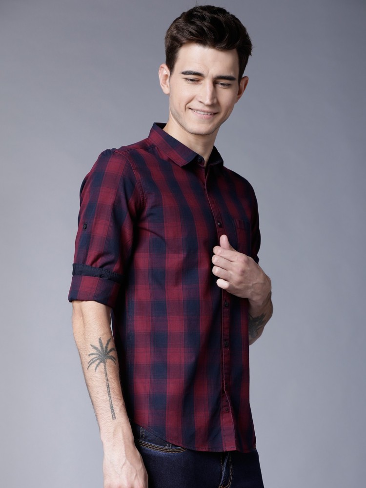 navy blue and red check shirt