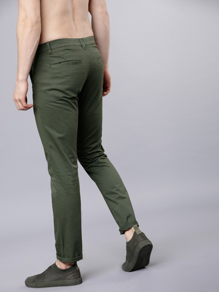 Olive Green Slim Tapered Cotton Dobby Lycra Trousers  Dragon Hill Lifestyle