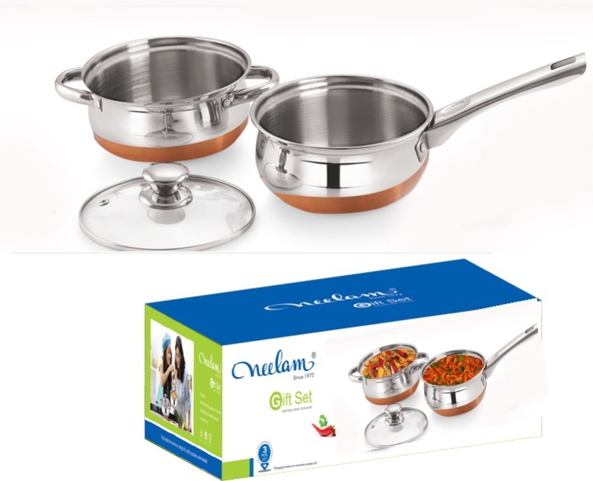 Dinner Set Stainless Steel Copper Bottom Handi Pot Pan 3 Piece Set  Combo/Steel 3 Handi Set ( Induction Bottom)