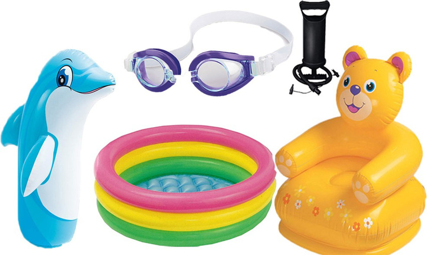 FurShine Combo Chair Yellow Dolphin 3D Punching Bag Bath Tube 2 Feet and Air Pump With Free Swimming Goggles For Kids 3 to 8 Years MultiColorcolor PVC Animals Inflatable Sofa Chair