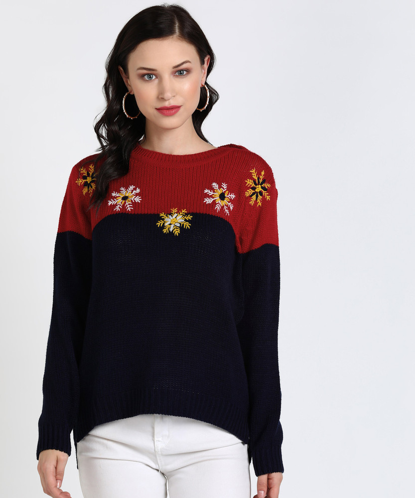 Club York Self Design Round Neck Casual Women Blue Red Sweater