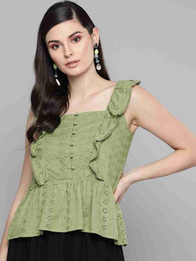 SASSAFRAS Casual Ruffled Sleeve Embroidered Women Green Top - Buy SASSAFRAS  Casual Ruffled Sleeve Embroidered Women Green Top Online at Best Prices in  India