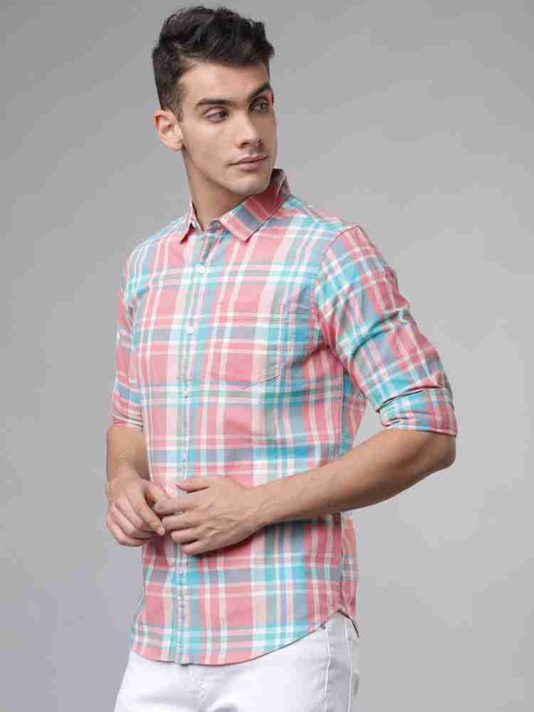 blue pink check shirt