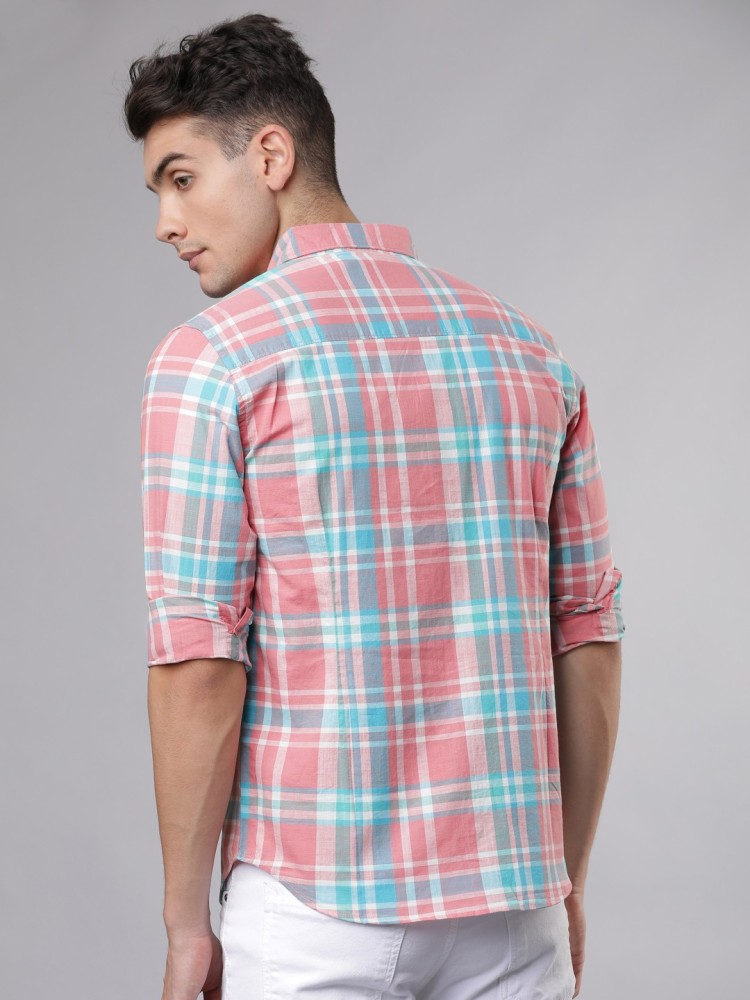 pink and blue check shirt