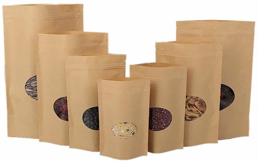 Resealable stand up brown Kraft paper zipper pouch bag with window