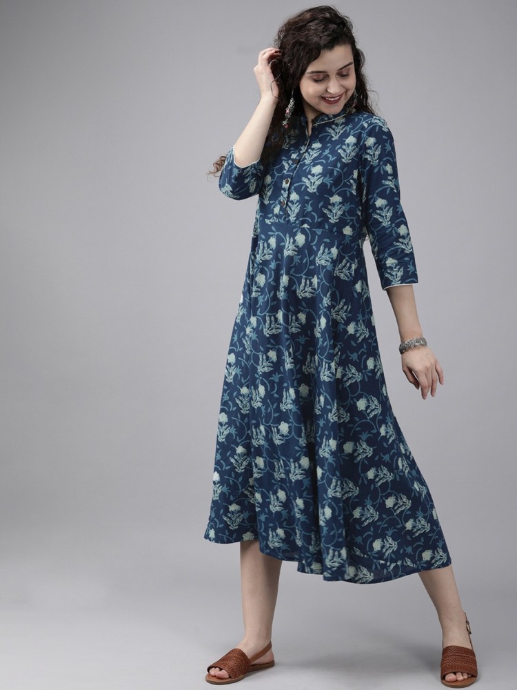 Anouk - By Myntra Indian Women Daily Wear Navy Blue & Red Floral  Embroidered A-Line Round Neck Knee Length Three-Quarter Sleeves Viscose  Rayon Kurta Ready To Wear Dress 