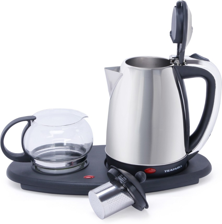 Tea Maker Set - Kettle, Filter, Tray 3 Pc- Dual Electric Kettles Stainless  Steel & Glass with Keep Tea Warm Tray Cordless Easy To Clean 1.7 L, ON/OFF  Indicator Acid Resistant black 