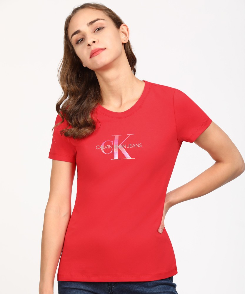 Calvin Klein Jeans Printed Women Round Neck Red T-Shirt - Buy