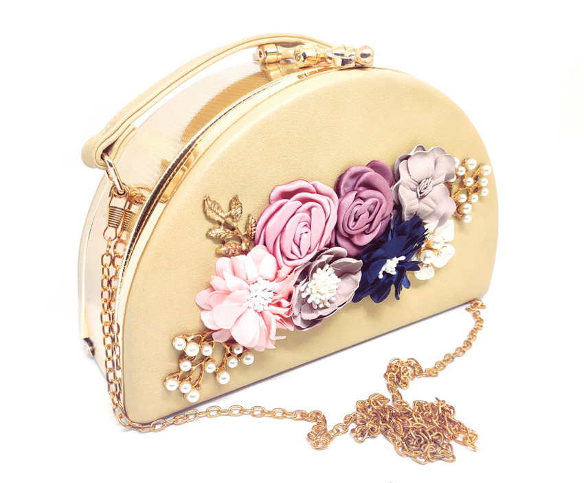 poksi Gold Clutch Women CLUTCH BAG FLORAL DESIGN BEAUTIFUL PARTY