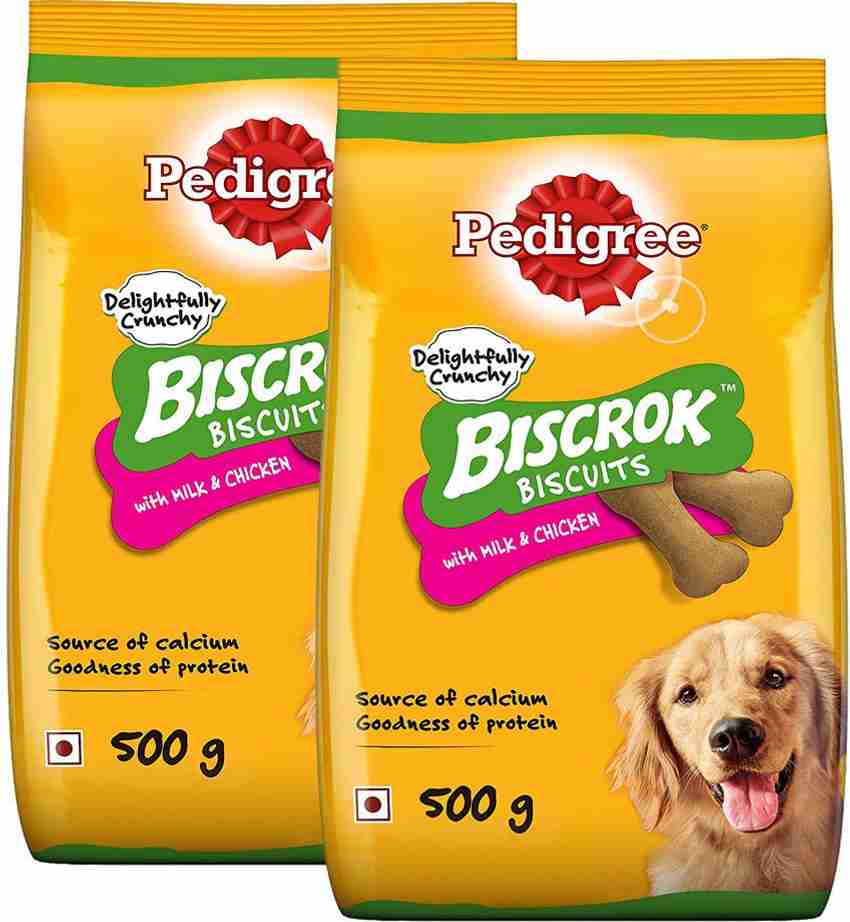 PEDIGREE Biscrok Biscuits Milk and Chicken Flavor 500g Pack of 2 Milk Chicken 1 kg 2x0.5 kg Dry Senior Adult Young Dog Food Price in India Buy PEDIGREE Biscrok Biscuits Milk