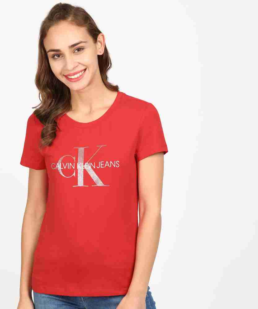 Calvin Klein Jeans Printed Women Round Neck Red T-Shirt - Buy Calvin Klein  Jeans Printed Women Round Neck Red T-Shirt Online at Best Prices in India