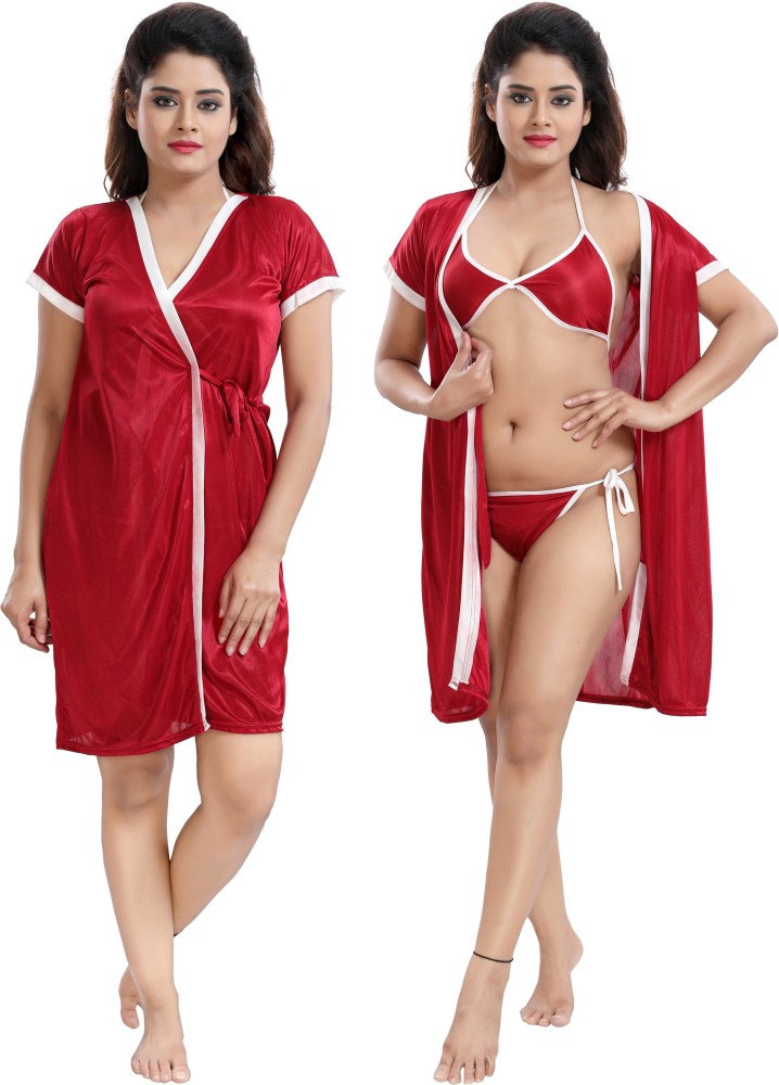 LOODY'S Women's Satin Nighty Set - Robe/Bra/Panty Night (Blue , Free Size)  - 3 Pc