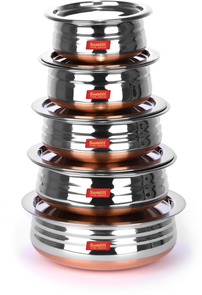  Sumeet Stainless Steel Copper Bottom Belly Shape 5 Pc Tope/ Cookware/Pot Set with Lid 380ML, 500ML, 780ML, 1.1Ltr, 1.4Ltr, (Silver):  Home & Kitchen