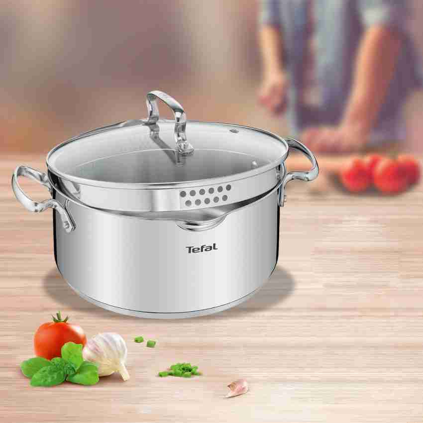 Tefal Duetto Set 7 Pieces: 3 Cooking Pots 16/20/24 cm, 1 Saucepan 16 cm, 3  Lids, Stainless Steel, 3 Glass Lids, Measurement Marks, All Types of