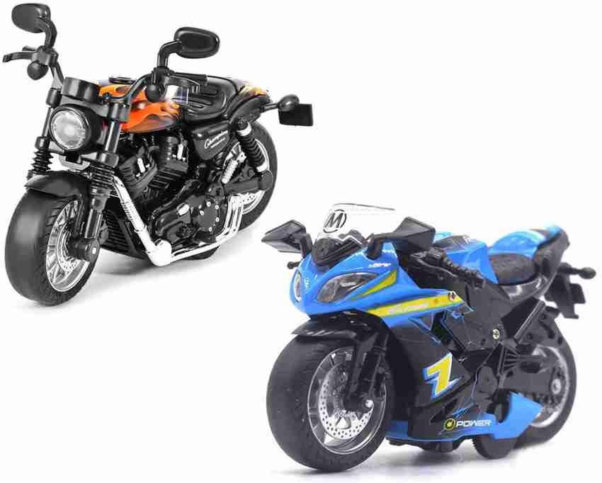 IndusBay Pack of 2 Mini Sports bike R1 and Motorcycle Toy for kids Metal Diecast Alloy Pull Back Bike MotorCycle Toy with Music LED Light for Kids 1 14 Scale