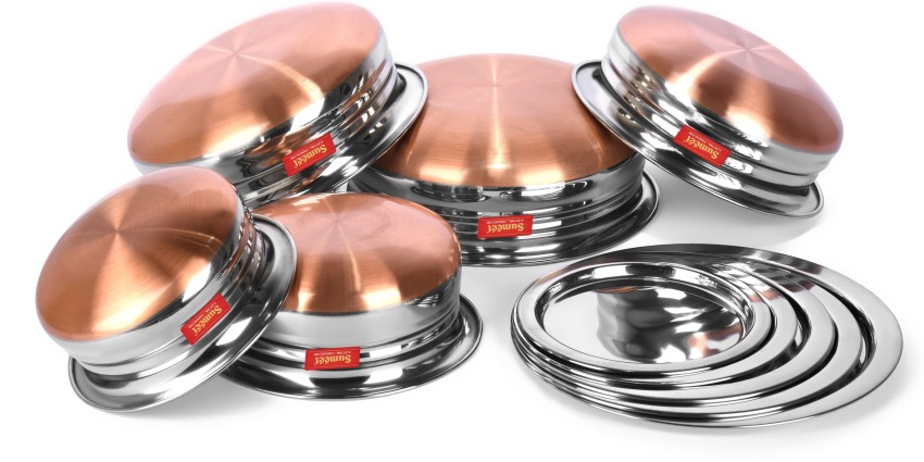  Sumeet Stainless Steel Copper Bottom Belly Shape 5 Pc Tope/ Cookware/Pot Set with Lid 380ML, 500ML, 780ML, 1.1Ltr, 1.4Ltr, (Silver):  Home & Kitchen