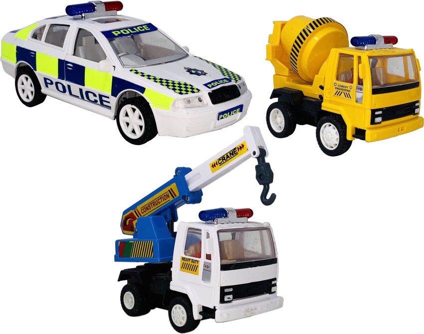 Miniature Mart Set of 3 Mini Small Size U K Police Car, Concrete Mixer &  Crane Truck Toys For Kids , and Vehicle Showpieces. (3 Combo Offer) - Set  of 3 Mini