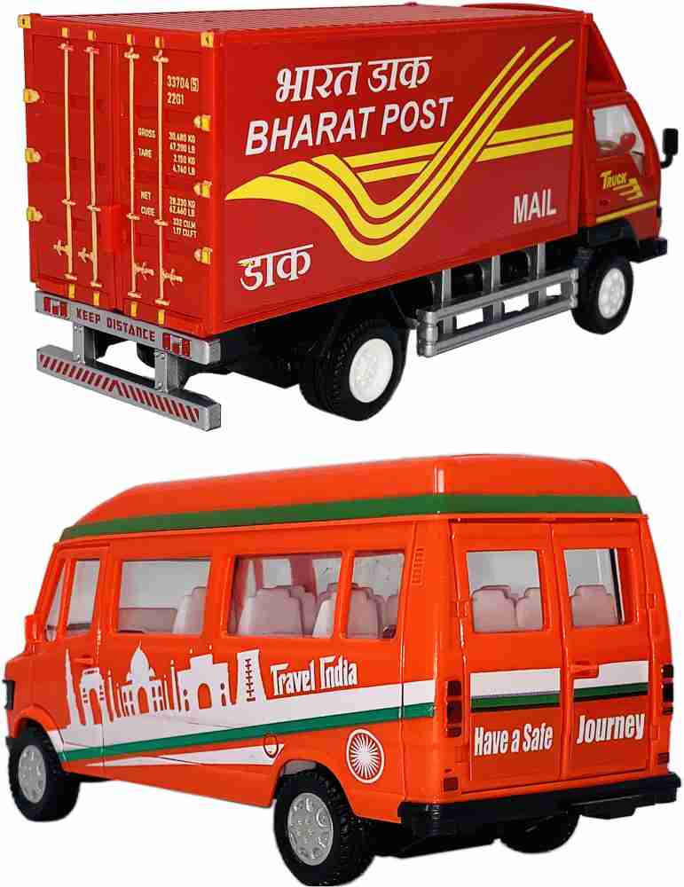 Miniature Mart Pack of 2 , Small Size Tempo Traveler Van and India Post  Courier Supply Truck With Back Side Openable Doors Toys For Kids , and  Vehicle Showpieces. (2 Combo Offer) 