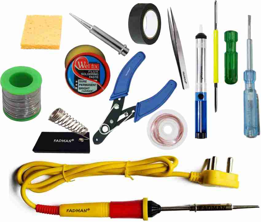 Buy Fadman Yellow, Black Soldering Iron Kit, Soldering Paste Flux, Solder  Wire, De Soldering Wick, Wire Cutter, 2 In 1 Screw Driver, Blue 20W Glue  Gun, 5 Glue Sticks 7Mm (Set Of