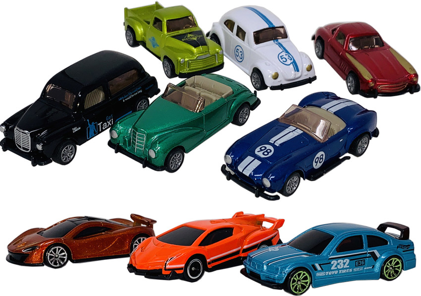 Small toy cars with doors that open top