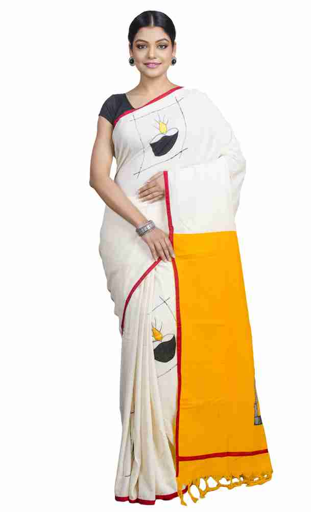 Buy tant ghar Printed Bollywood Pure Cotton White Yellow Sarees Online Best Price In India Flipkart