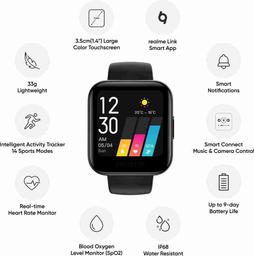 Realme Watch S Smart watch, Bluetooth 5.0 Smartwatch ,15 Days Battery  Life,Fitness Tracker,IP68 Water Proof,real-time heart rate 