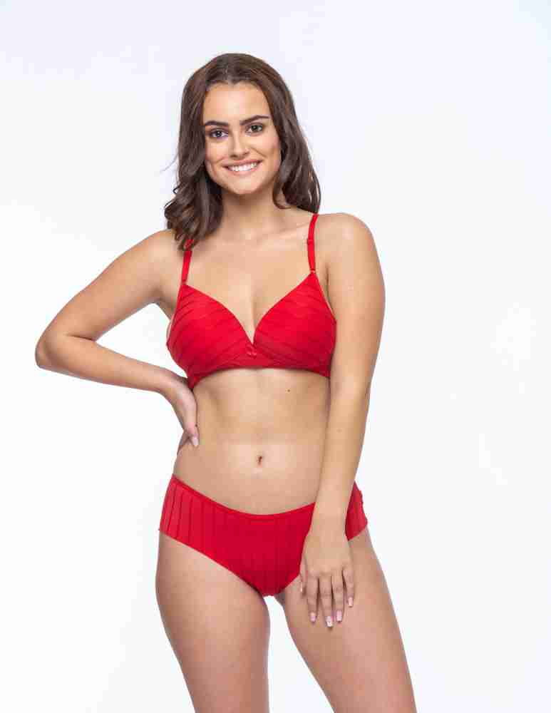  Women Lycra Bra Panty Set Self Design Red Lingerie Set