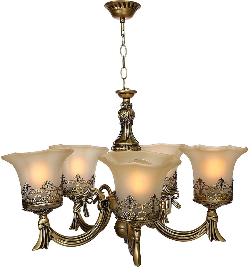 Weldecor® Antique 5 Lamp Designer Chandelier Ceiling Light Made of Alloy |  Designer Jhoomer for Living Room (Brass)