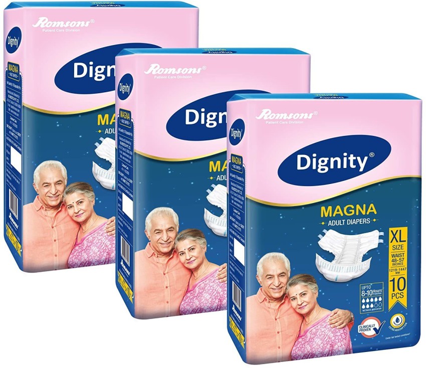 ROMSONS DIGNITY Romsons Magna Adult Diapers Extra Large 10 Pcs, Waist Size  48-57, (Pack of 3) Adult Diapers - XL - Buy 30 ROMSONS DIGNITY COTTON Adult  Diapers